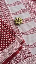 Meher ivory and maroon Bagh hand block printed cotton saree by Tattva Crafted Elegance