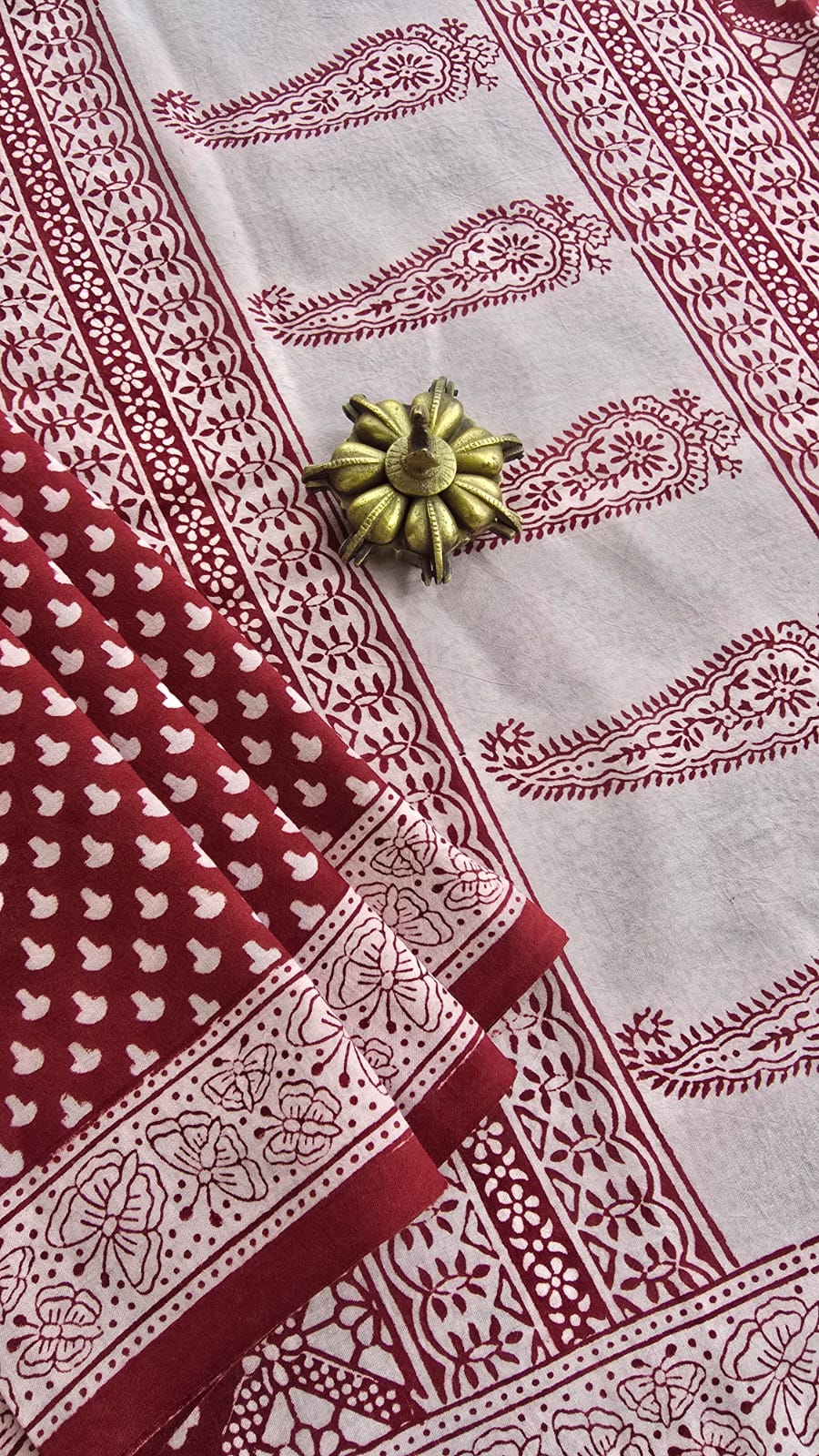 Meher ivory and maroon Bagh hand block printed cotton saree by Tattva Crafted Elegance