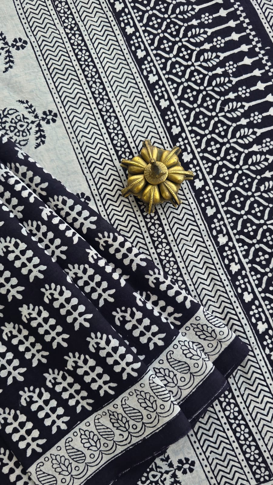 Noor black and ivory white Bagh hand block printed cotton saree by Tattva Crafted Elegance