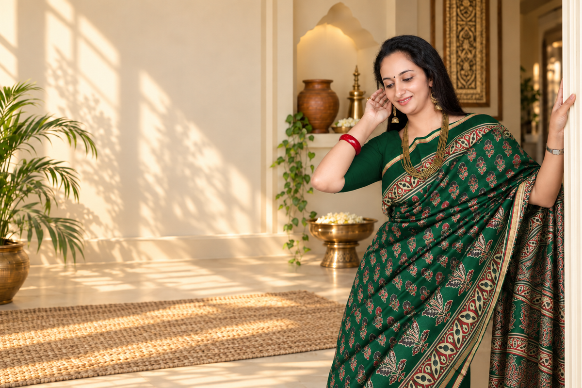 Original photo with emerald saree and plain matching blouse