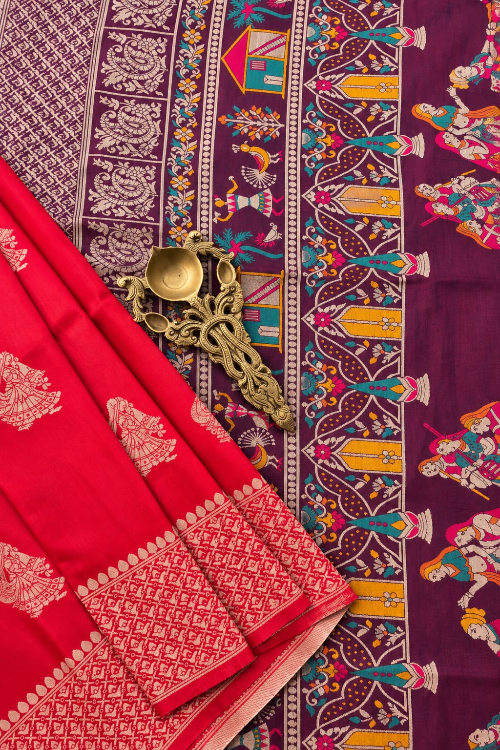 Rohini red and wine semi raw silk saree with resham weaving by Tattva Crafted Elegance